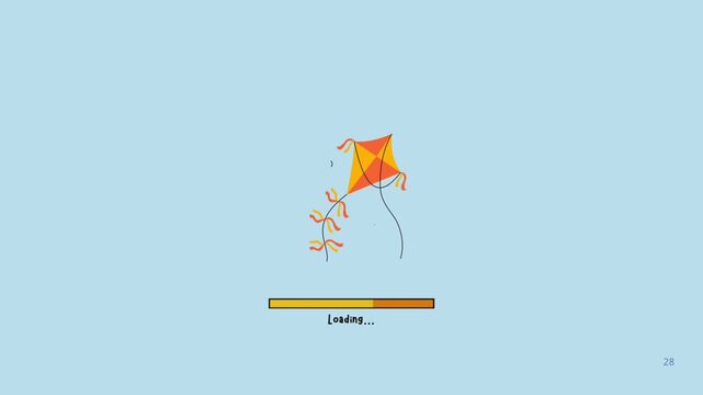 Bright orange and yellow kite soaring in a clear blue sky, with a digital loading progress bar indicating joyful anticipation