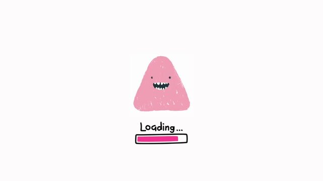Charming pink cartoon creature happily monitors a digital loading progress bar, offering a cheerful and engaging user experience design