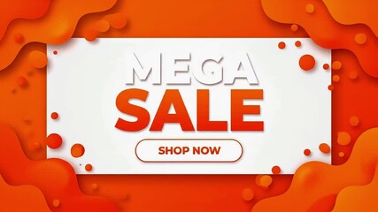 Marketing banner showing mega sale announcement with up to fifty percent off deal and shop now call to action on orange abstract shapes - Powered by Adobe