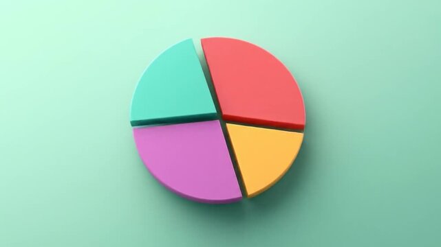 3D pie chart, four colorful equal slices separated, floating on light green background