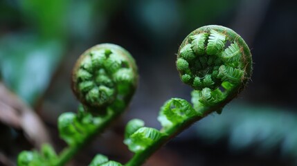 Two vibrant green fern fronds unfurling their delicate coils in a lush forest setting, showcasing the beauty of new plant growth.