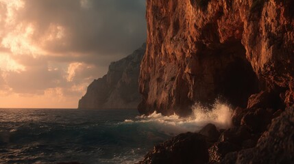 Rugged Coastal Cliffs Bathed in Golden Sunset Light Over Crashing Ocean Waves
