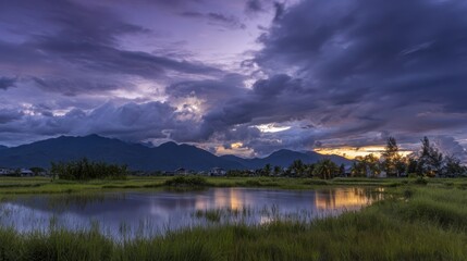 Dramatic sunset over a tranquil lake and mountains with vibrant purple and blue clouds reflecting in the water