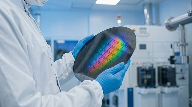 Technician Inspecting Wafer in Cleanroom with Blue Gloves and White Lab Coat in Pharmaceutical Manufacturing Facility