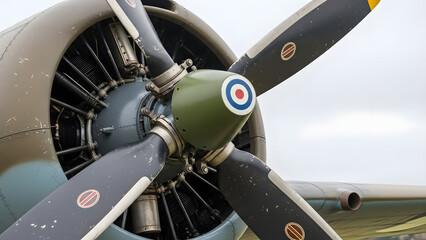 Close-up of a Vintage Airplane Propeller and Engine, Showcasing Historical Aviation Technology and Engineering
