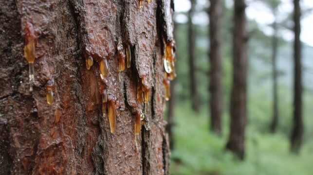 Close-up view of amber pine tree resin dripping down its rough, textured bark in a lush forest setting