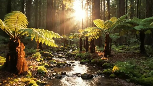 Sunlit forest stream flowing through a lush, verdant woodland with tree ferns and mossy rocks creating a serene nature scene