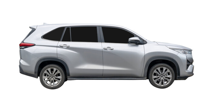 Right side view of elegant silver SUV sports car isolated with clipping path in png file format