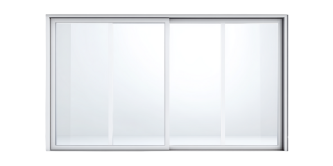 A Realistic 3d Render of a Modern Double Panel Sliding Glass Door with a White Frame, Isolated on a Transparent Background for Easy Compositing.