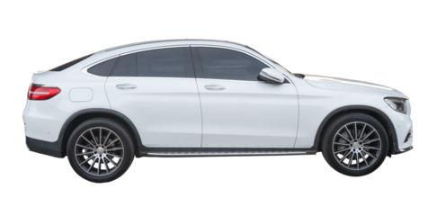 Right side view of white sports sedan car isolated with clipping path in png file format