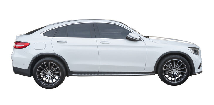 Right side view of white sports sedan car isolated with clipping path in png file format