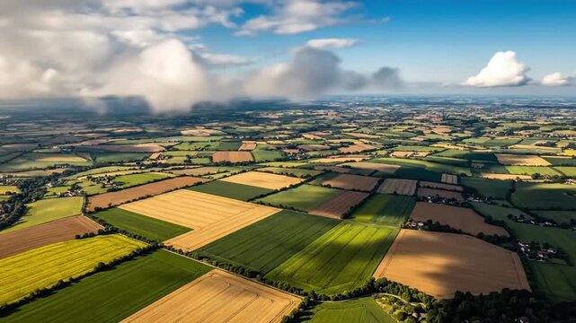 Aerial view of patchwork farmland under a cloudy sky