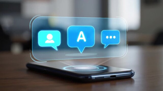 Holographic interface projecting communication and language translation options above a modern smartphone, showcasing advanced digital interaction and future technology concepts