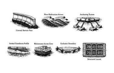 Engineering diagrams of coastal defense structures and subsea components