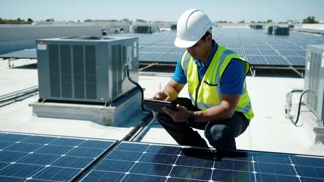 Skilled technician performs thorough inspection and essential maintenance on a rooftop solar panel array, ensuring optimal efficiency and sustainable energy production for commercial buildings