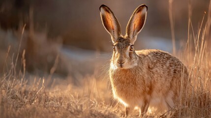 Fototapeta premium A watchful hare in a golden grassy field at sunset, showcasing its detailed fur and alert ears.