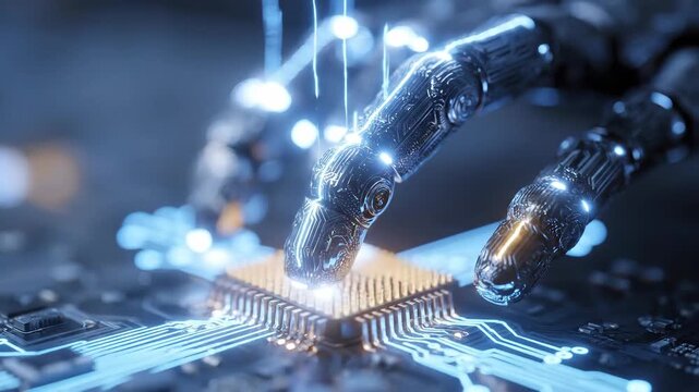 A mesmerizing close-up captures a stylized, futuristic robotic or bionic hand gently touching a luminous, high-tech microchip embedded within a complex circuit board. The metallic hand features intric