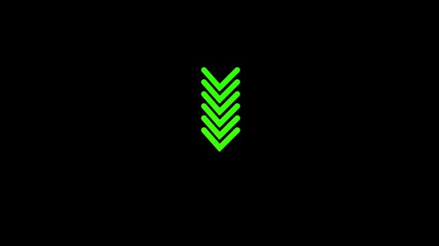Up to down-directional arrow loop animation on black background. Green color Arrow moving Up to down concept. 4k video