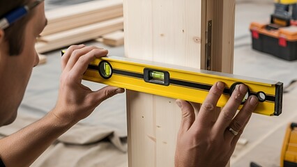 Carpenter using a spirit level to align wooden beam in workshop