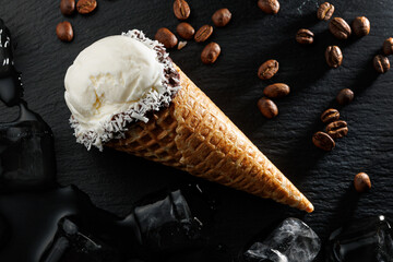 Ice cream cone with coconut flakes served with coffee beans and ice on a dark surface in a dessert display