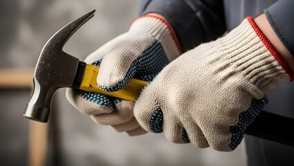 Close-up of gloved hands holding a hammer in a workshop setting