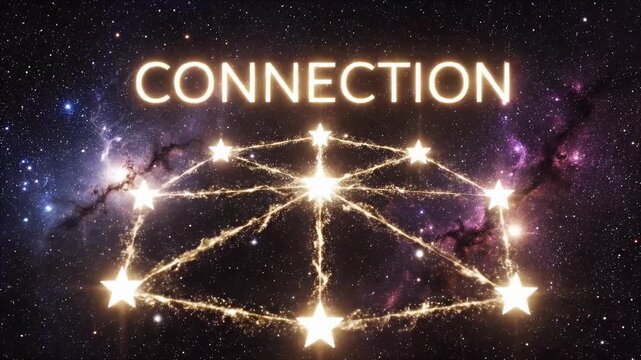 The word CONNECTION visualized by a glowing star network in space