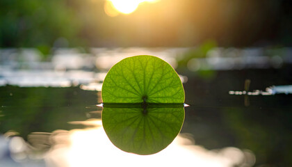 Single Vibrant Green Lotus Leaf Floats on Calm Water Surface Reflecting Sunlight with Golden Hour Backlight and Bokeh Effect in Lush Greenery Background