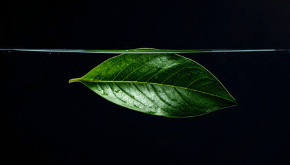 Detailed Macro Shot of a Vibrant Green Leaf Submerged in Dark Water with Tiny Bubbles Attached to its Surface and Light Reflecting on its Veins