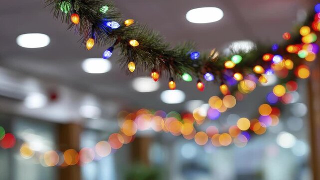 A vibrant string of multi-colored lights is intricately intertwined with lush green decorative foliage, forming a festive garland that evokes a sense of holiday cheer and celebration. The individual b