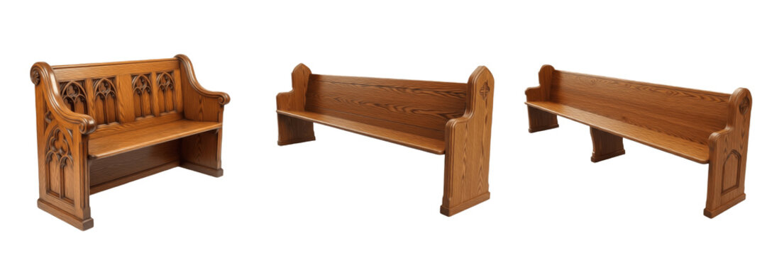 Church Pew Wooden Seating Furniture Used for Congregation Worship, Prayer, Religious Services and Church Interior Arrangement Isolated on White Background