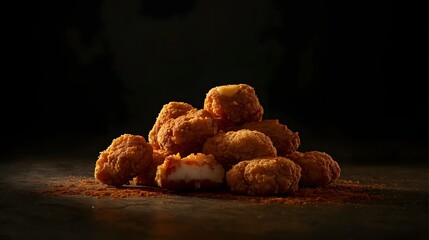 Dark moody cinematic chicken nuggets scene,