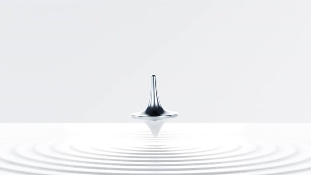 Anti-Gravity Silver Spinning Top Floating over Zen Sand Garden - Mindfulness Loop