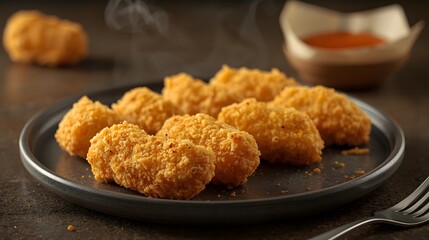 golden crispy chicken nuggets arranged neatly on a matte ceramic plate