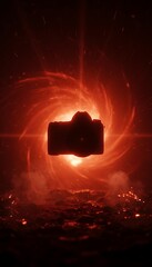 Camera Icon in Abstract Swirling Orange and Black Energy