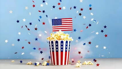 Obraz premium Patriotic popcorn bucket with American flag and star confetti celebration