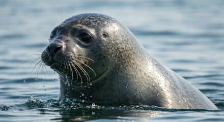 Close-up of a harbor seal floating in calm water, head and face visible
