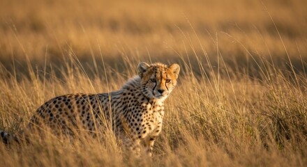Cheetah in golden savanna grass looks directly at the viewer, warm lighting, natural habitat