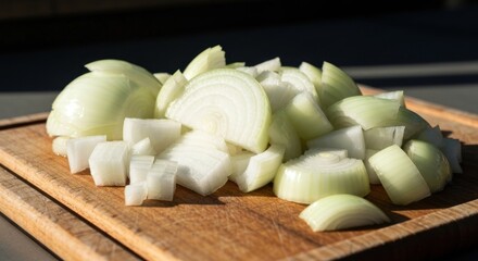 Chopped raw onions, diced and sliced, on a wooden cutting board, captured in natural light