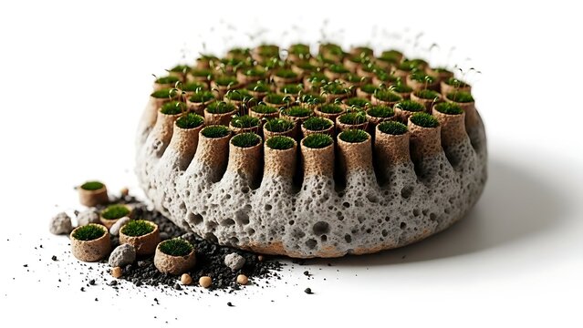 Surreal porous bread or pod structure with green grass growing out of every hole, isolated on white background. Trypophobia art.