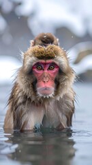 Obraz premium Monkey with red face soaks in water, baby atop its head, in a snowy, blurred wintery setting