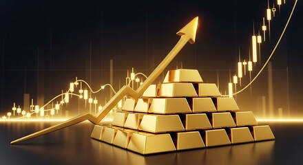 A stack of polished gold bars arranged neatly in a pyramid formation, rendered in a realistic and premium 3D style, with a bold golden upward arrow emerging from the top to symbolize growth and rising