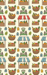 Obraz premium Farmers Market Stall with Fresh Produce and Scales Seamless Pattern.