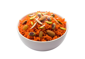 orange carrot salad with almonds and pistachios in a white bowl