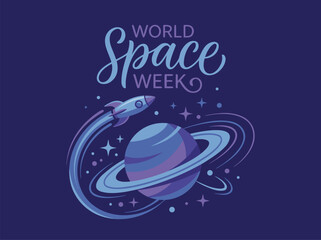 World Space Week celebration with rocket and Saturn planet. © alifia