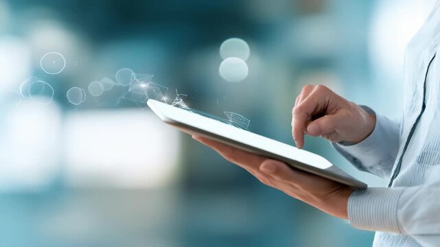 Overtheshoulder view of a person employing a tablet device with intuitive app features for streamlined digital application processing.