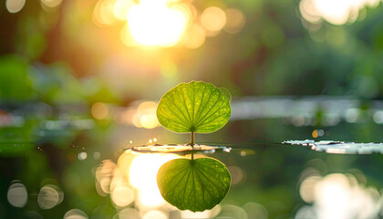 Delicate Green Lotus Leaf With Water Droplets Reflecting Golden Sunset Sunlight Over Calm Water Surface With Soft Bokeh Background in a Lush Forest