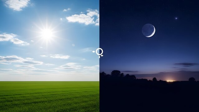 Equal day and night with sun and moon representing Spring equinox  