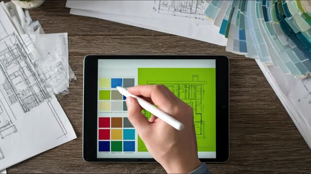 Top view of architect hand designing house floor plan on digital tablet with stylus at wooden desk with color swatches and sketches