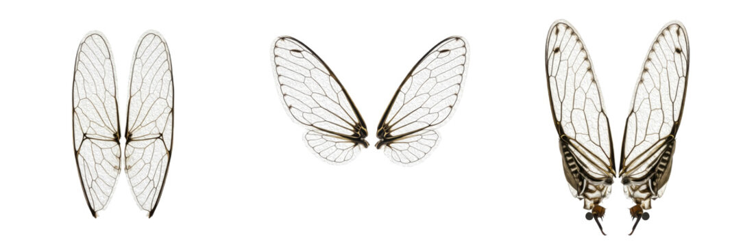 Set and Collection of Transparent Cicada Insect Wings with Detailed Vein Patterns Isolated on White Transparent PNG Background