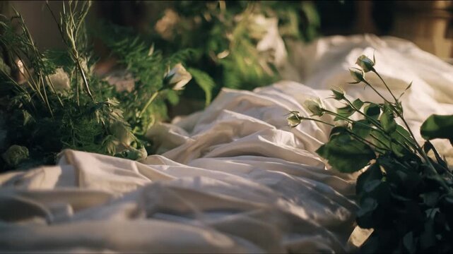 Natural interment process captured in medium shot showing soft cotton shrouds gently enveloping the deceased in an earthfriendly setting.